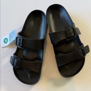Shade & Shore Black Double-Strap Buckle Slides Size 10 NWT